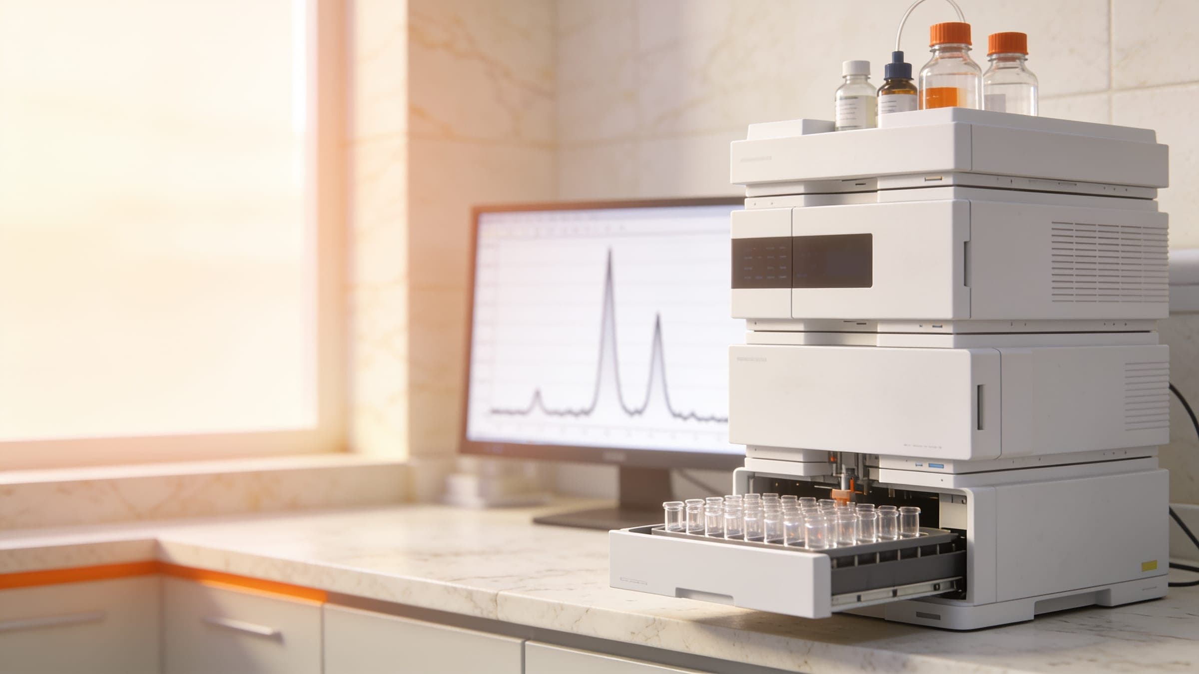 Liquid chromatography instrument in a bright analytical laboratory
