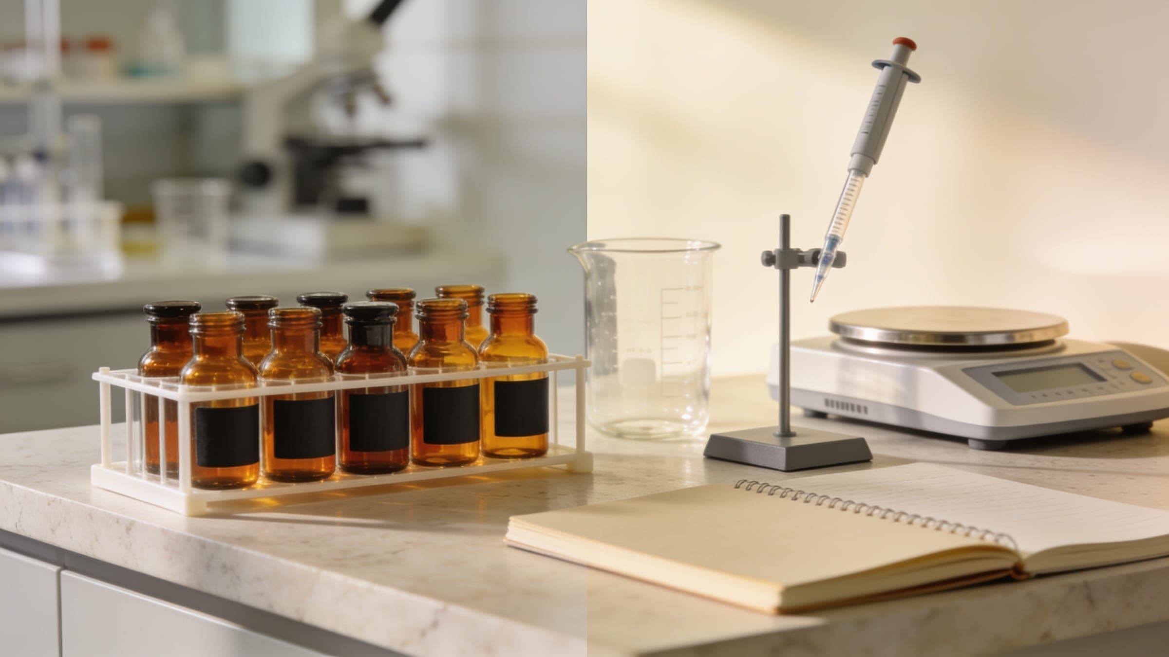 Amber vials in a rack on a laboratory bench beside a balance and glassware